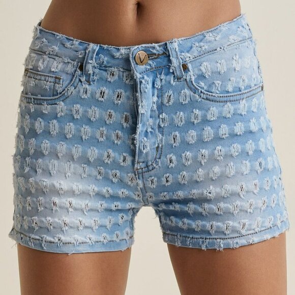 VENUS Laser Etched Denim 2.5" Shorts Light Wash Pockets Distressed Stretch SZ 4 - Picture 1 of 13